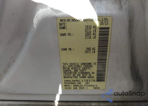 2014 Nissan Altima 2.5 Sl z USA, uszkodzony, nr VIN 1N4AL3AP6EC159576